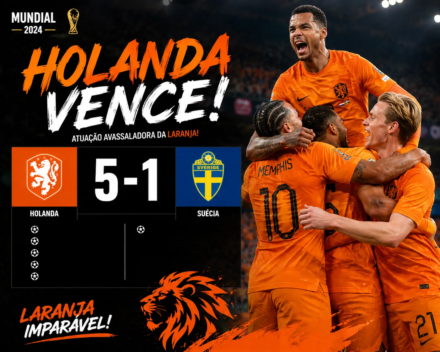 Holanda esmaga a Suécia por 5–1 e assume a liderança do Grupo F