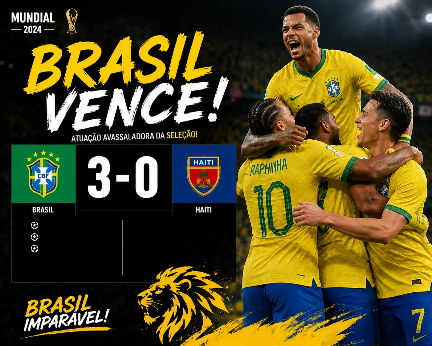 Brasil bate o Haiti por 3–0 e assume a liderança do Grupo C
