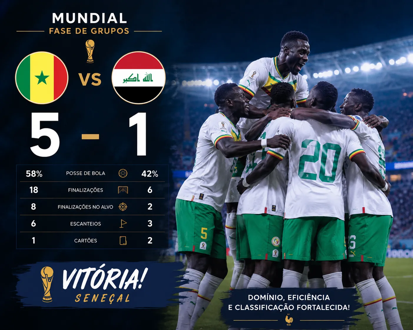 Senegal goleia Iraque e mantém viva a esperança nos terceiros lugares