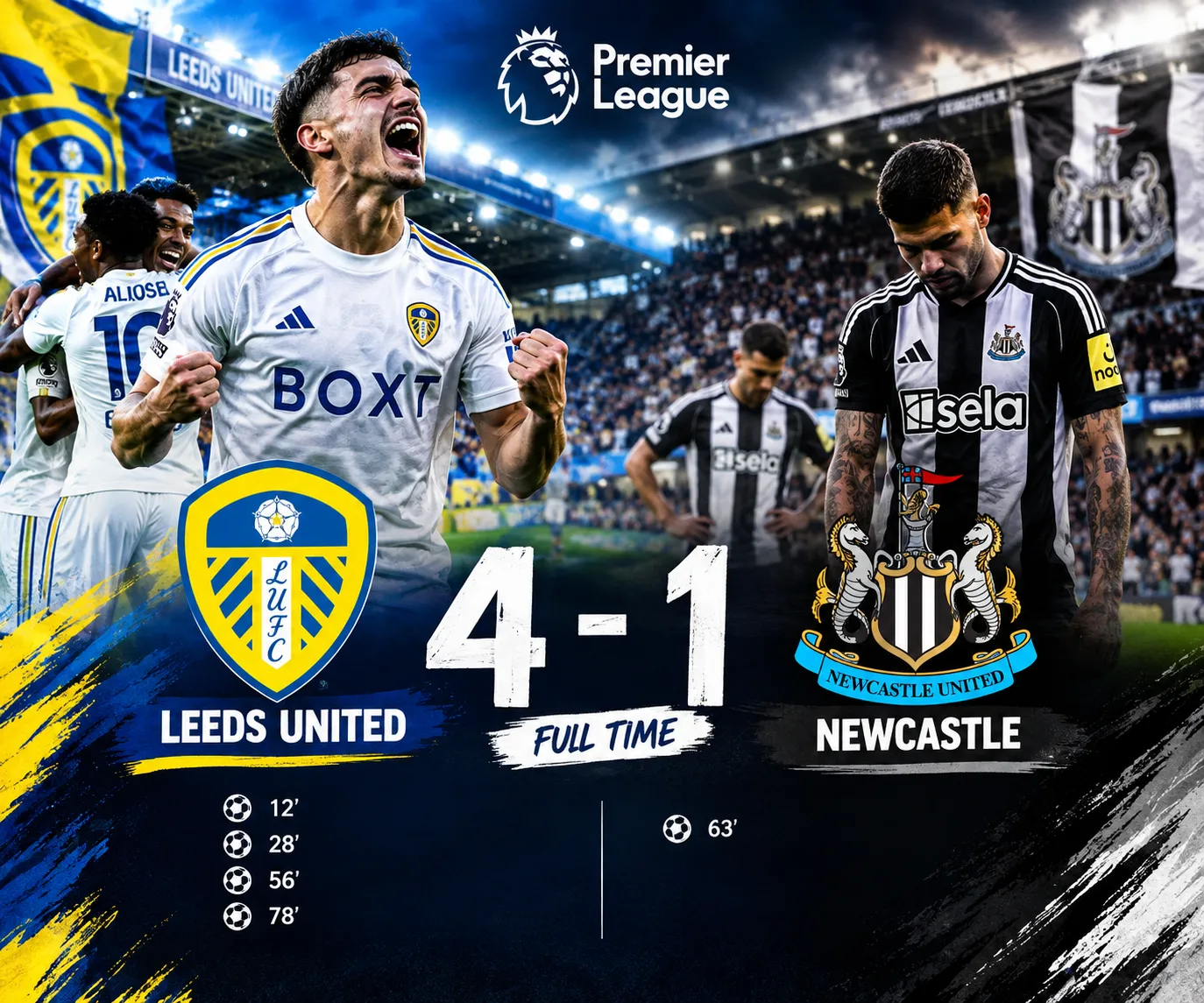 Leeds United atropela o Newcastle em noite de gala em Elland Road